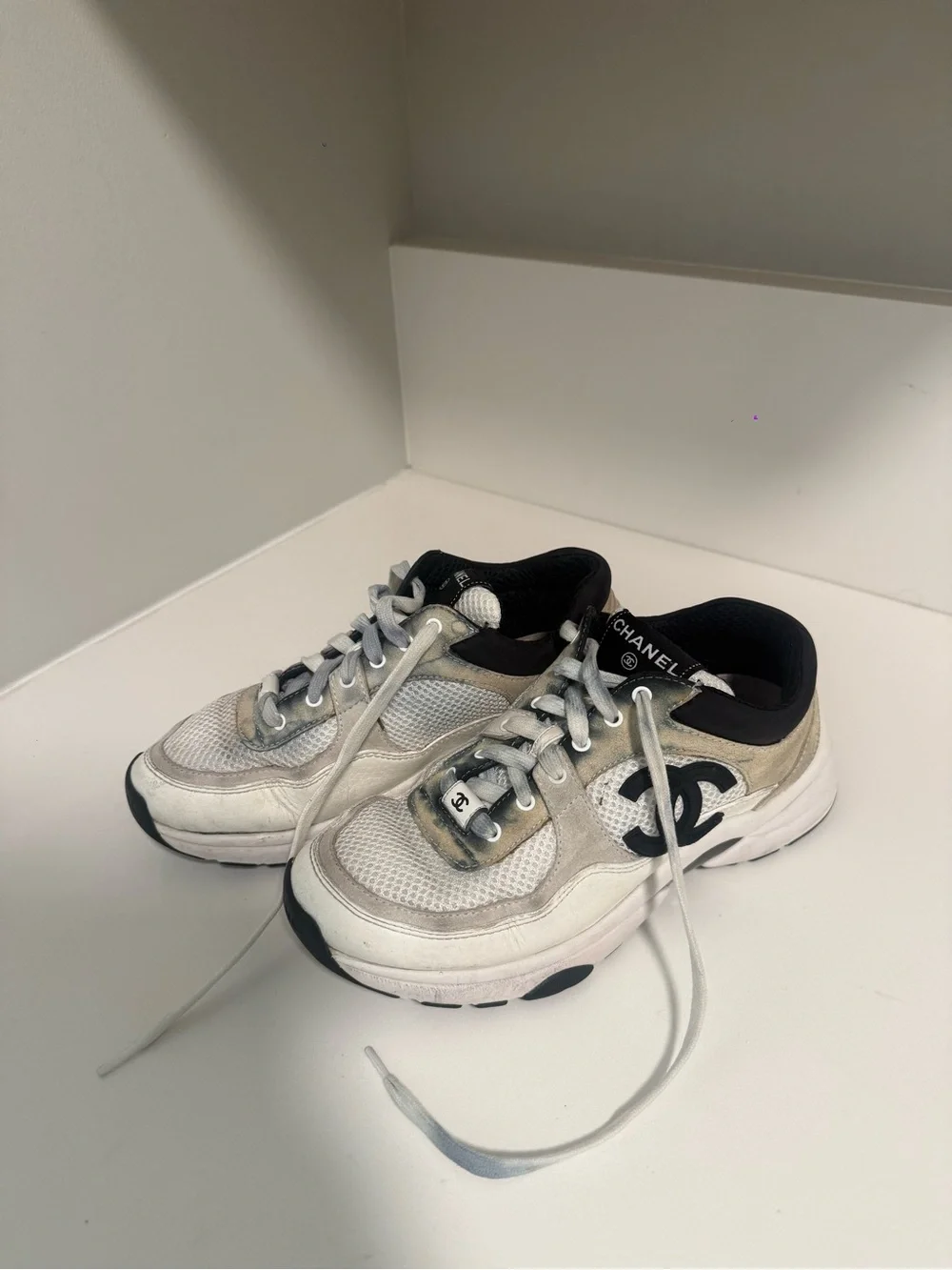 CHANEL White and Black Logo Women's Sneakers SIZE 38